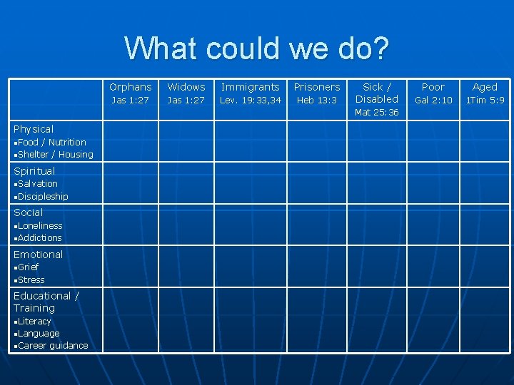 What could we do? Orphans Widows Immigrants Prisoners Jas 1: 27 Lev. 19: 33,