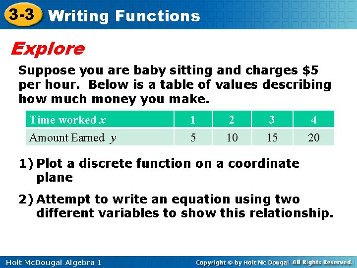 3 -3 Writing Functions Explore Suppose you are baby sitting and charges $5 per