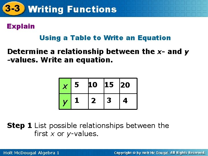 3 -3 Writing Functions Explain Using a Table to Write an Equation Determine a