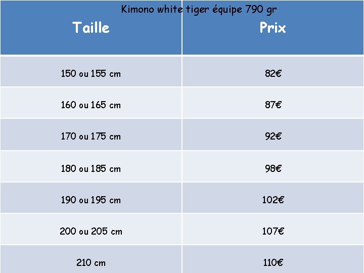 Kimono white tiger équipe 790 gr Taille Prix 150 ou 155 cm 82€ 160