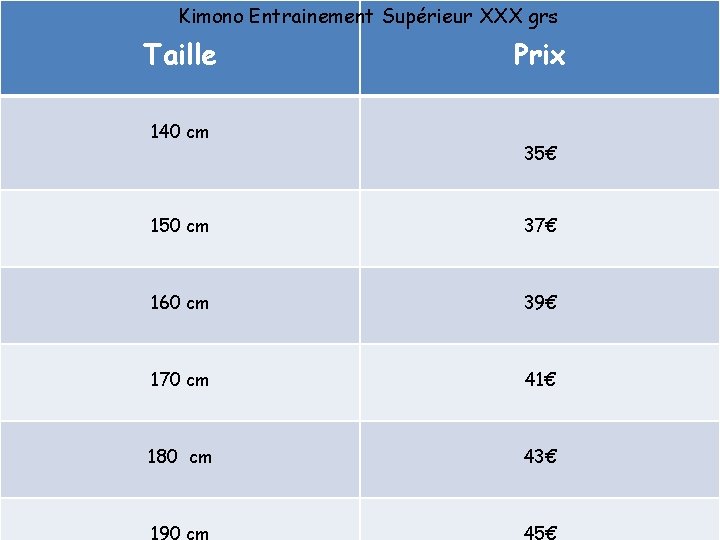 Kimono Entrainement Supérieur XXX grs Taille 140 cm Prix 35€ 150 cm 37€ 160