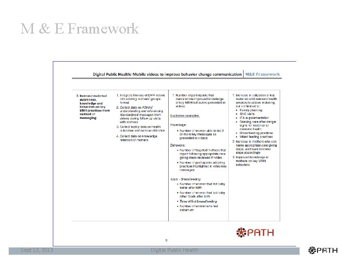 M & E Framework Sept 12, 2013 Digital Public Health 11 