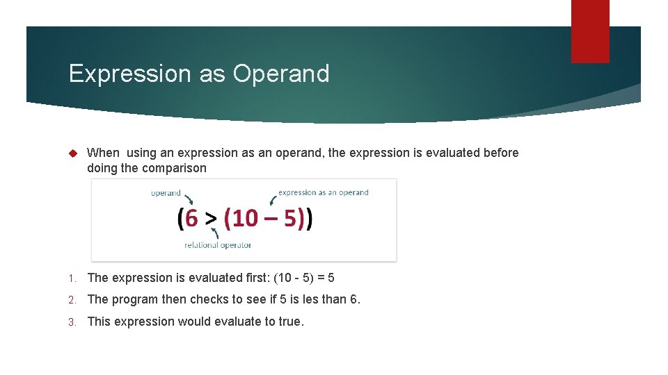 Expression as Operand When using an expression as an operand, the expression is evaluated