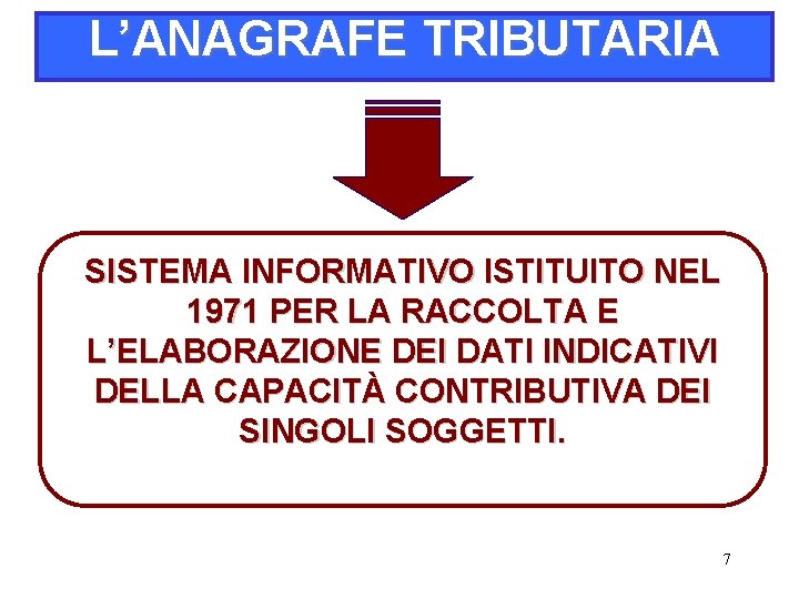 L’ANAGRAFE TRIBUTARIA SISTEMA INFORMATIVO ISTITUITO NEL 1971 PER LA RACCOLTA E L’ELABORAZIONE DEI DATI