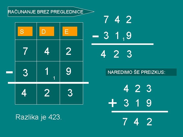 RAČUNANJE BREZ PREGLEDNICE S D E 7 4 2 -3 1 9 1 -