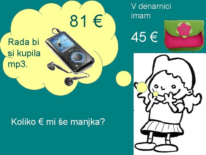 81 € Rada bi si kupila mp 3. Koliko € mi še manjka? V