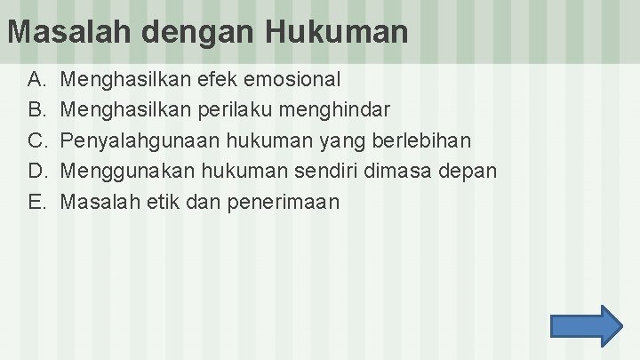 Masalah dengan Hukuman A. B. C. D. E. Menghasilkan efek emosional Menghasilkan perilaku menghindar