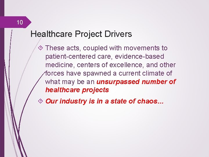 10 Healthcare Project Drivers These acts, coupled with movements to patient-centered care, evidence-based medicine,