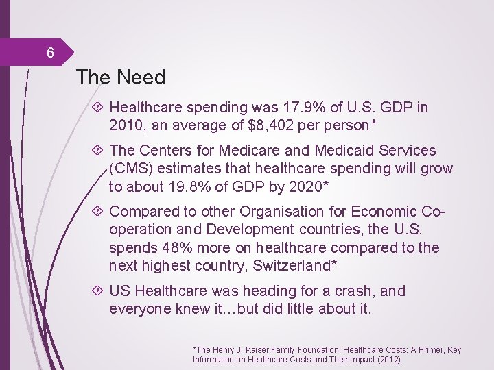 6 The Need Healthcare spending was 17. 9% of U. S. GDP in 2010,