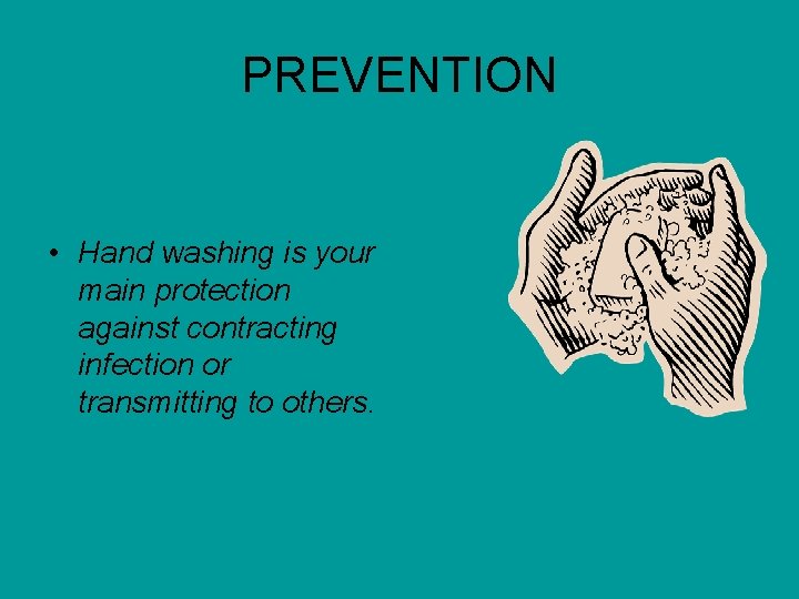 PREVENTION • Hand washing is your main protection against contracting infection or transmitting to