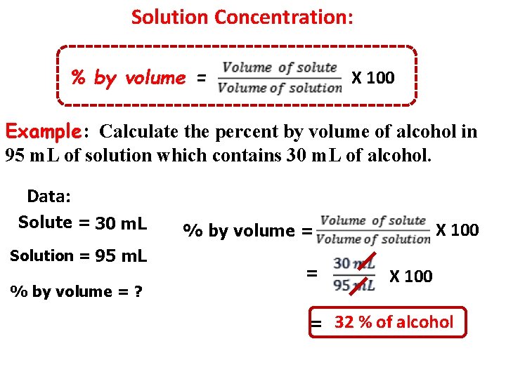 Solution Concentration: % by volume = X 100 Example: Calculate the percent by volume