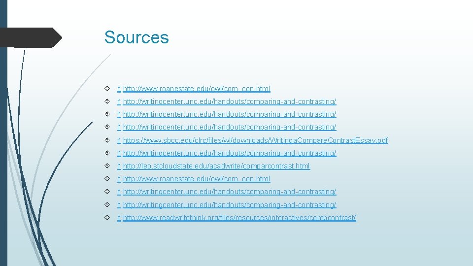 Sources ↑ http: //www. roanestate. edu/owl/com_con. html ↑ http: //writingcenter. unc. edu/handouts/comparing-and-contrasting/ ↑ https: