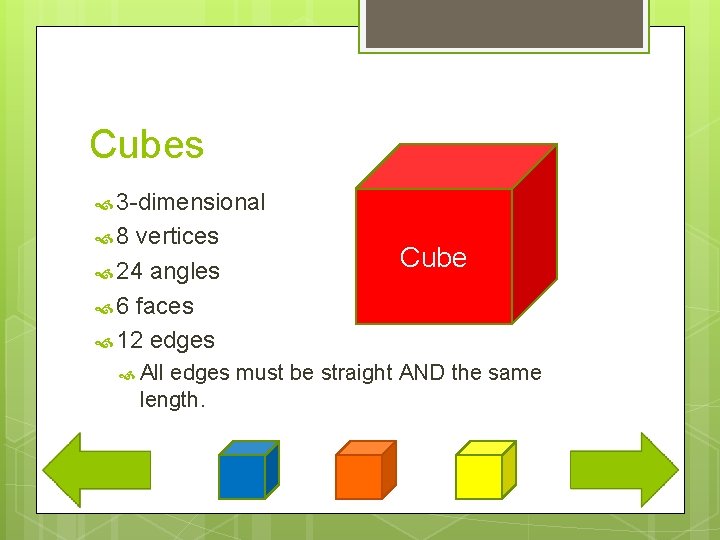 Cubes 3 -dimensional 8 vertices 24 angles 6 faces 12 edges All Cube edges