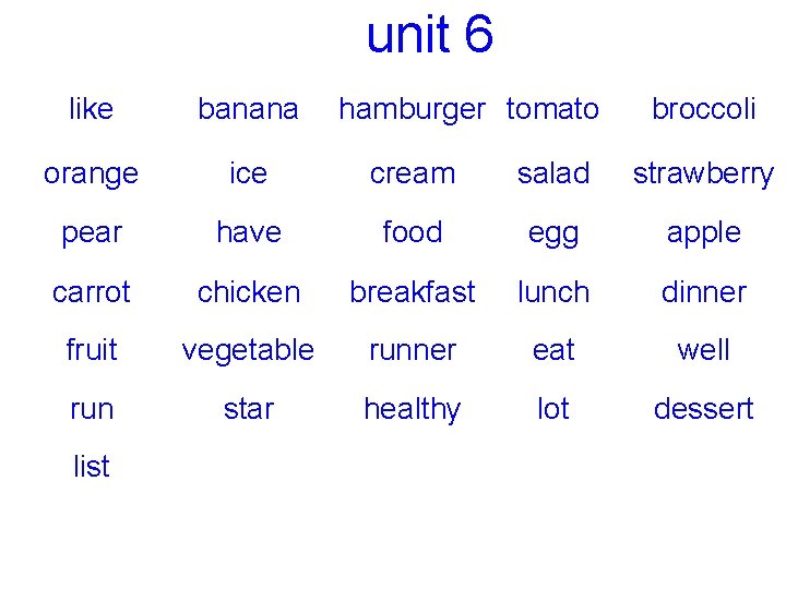 unit 6 like banana orange ice cream salad strawberry pear have food egg apple
