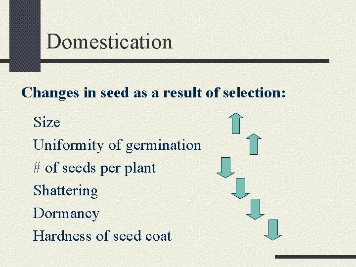Domestication Changes in seed as a result of selection: Size Uniformity of germination #