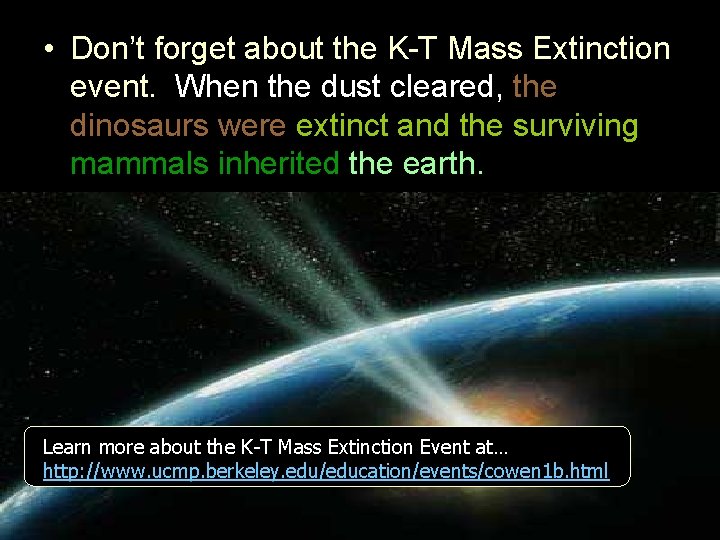  • Don’t forget about the K-T Mass Extinction event. When the dust cleared,