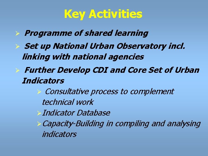 Key Activities Ø Programme of shared learning Ø Set up National Urban Observatory incl.