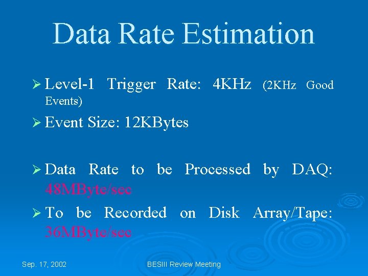 Data Rate Estimation Ø Level-1 Trigger Rate: 4 KHz (2 KHz Good Events) Ø
