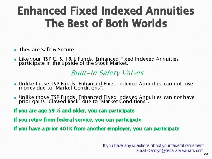 Enhanced Fixed Indexed Annuities The Best of Both Worlds ● They are Safe &