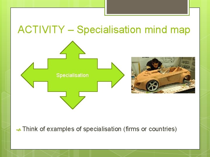 ACTIVITY – Specialisation mind map Specialisation Think of examples of specialisation (firms or countries)