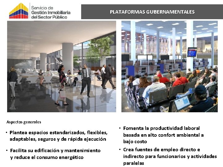 PLATAFORMAS GUBERNAMENTALES 1 2 3 Aspectos generales • Plantea espacios estandarizados, flexibles, adaptables, seguros