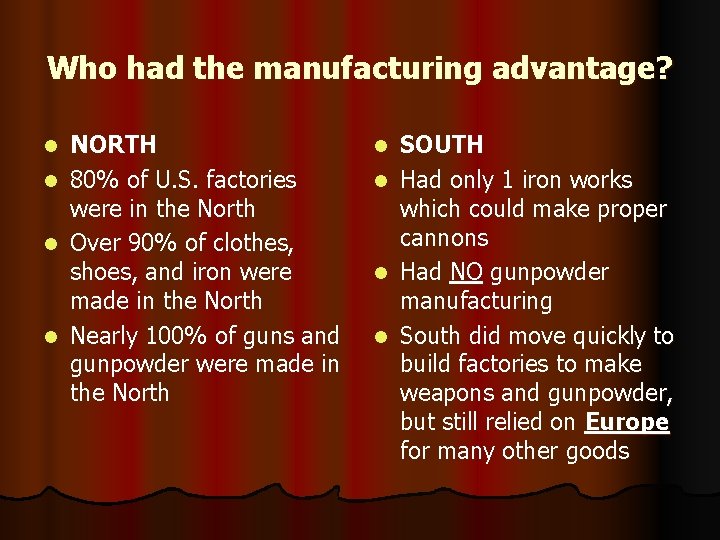 Who had the manufacturing advantage? l l NORTH 80% of U. S. factories were