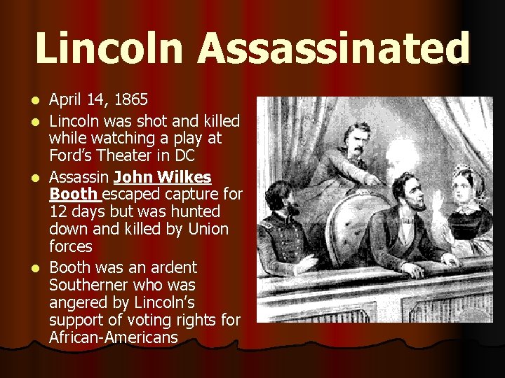 Lincoln Assassinated April 14, 1865 l Lincoln was shot and killed while watching a