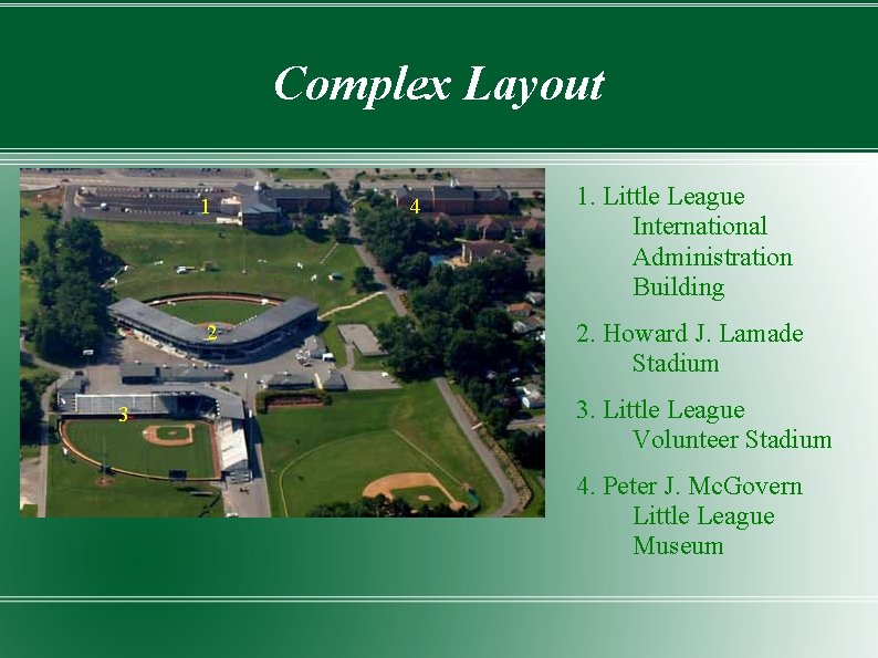 Complex Layout 1 2 3 4 1. Little League International Administration Building 2. Howard