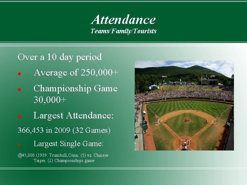 Attendance Teams/Family/Tourists Over a 10 day period Average of 250, 000+ Championship Game 30,