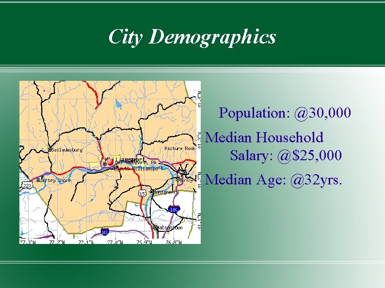 City Demographics Population: @30, 000 Median Household Salary: @$25, 000 Median Age: @32 yrs.