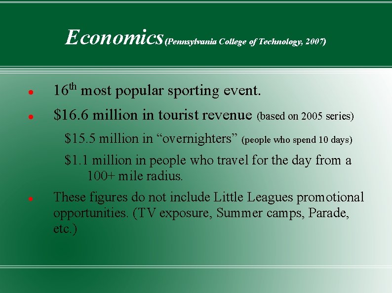 Economics(Pennsylvania College of Technology, 2007) 16 th most popular sporting event. $16. 6 million