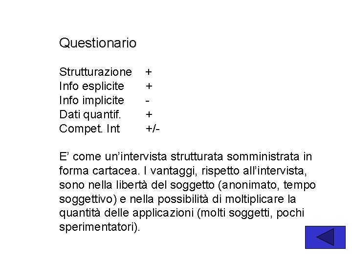 Questionario Strutturazione Info esplicite Info implicite Dati quantif. Compet. Int + +/- E’ come