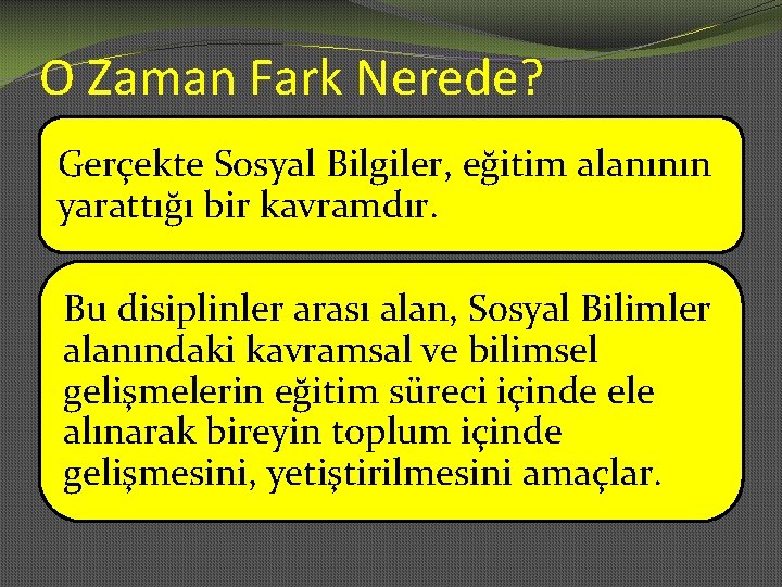 O Zaman Fark Nerede? Gerçekte Sosyal Bilgiler, eğitim alanının yarattığı bir kavramdır. Bu disiplinler