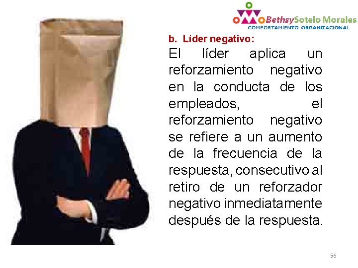 b. Líder negativo: El líder aplica un reforzamiento negativo en la conducta de los