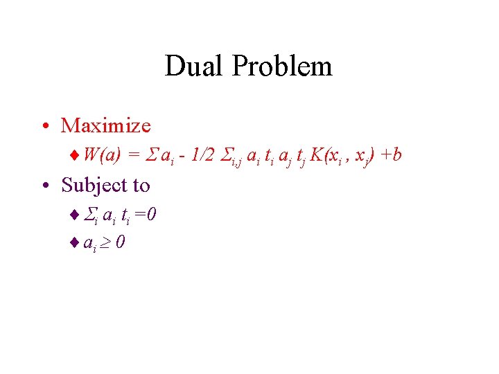 Dual Problem • Maximize ¨ W(a) = ai - 1/2 i, j ai ti