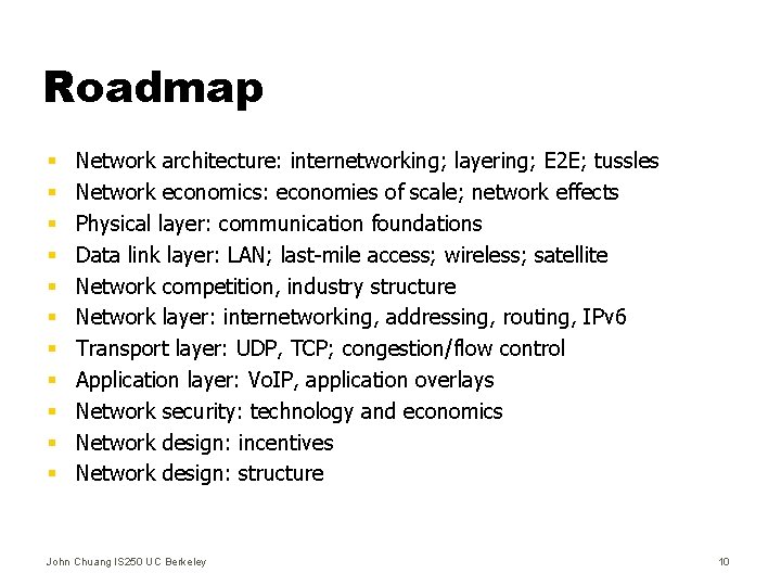 Roadmap § § § Network architecture: internetworking; layering; E 2 E; tussles Network economics: