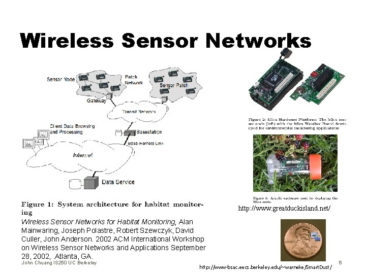 Wireless Sensor Networks http: //www. greatduckisland. net/ Wireless Sensor Networks for Habitat Monitoring, Alan