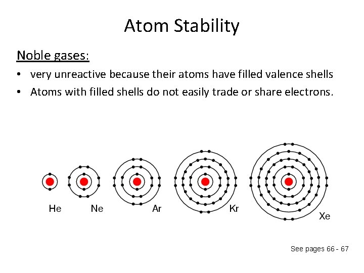 Atom Stability Noble gases: • very unreactive because their atoms have filled valence shells