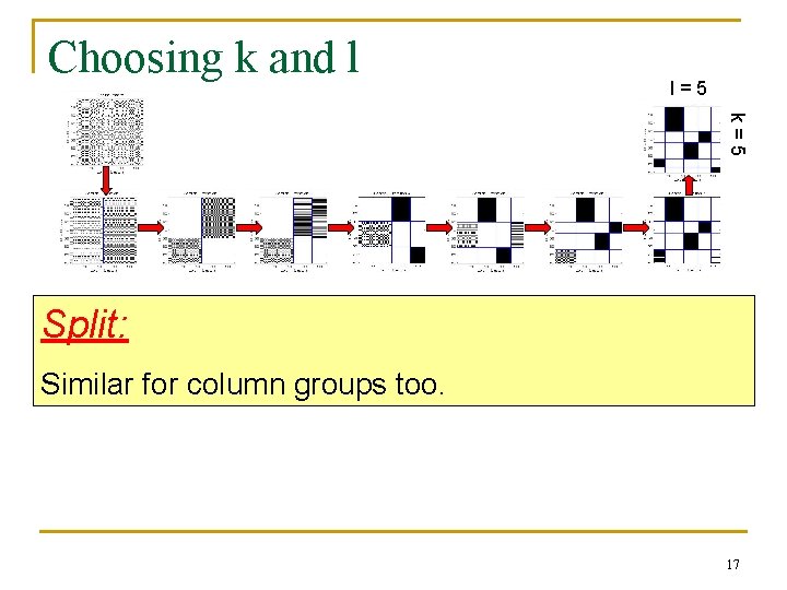 Choosing k and l l=5 k=5 Split: Similar for column groups too. 17 