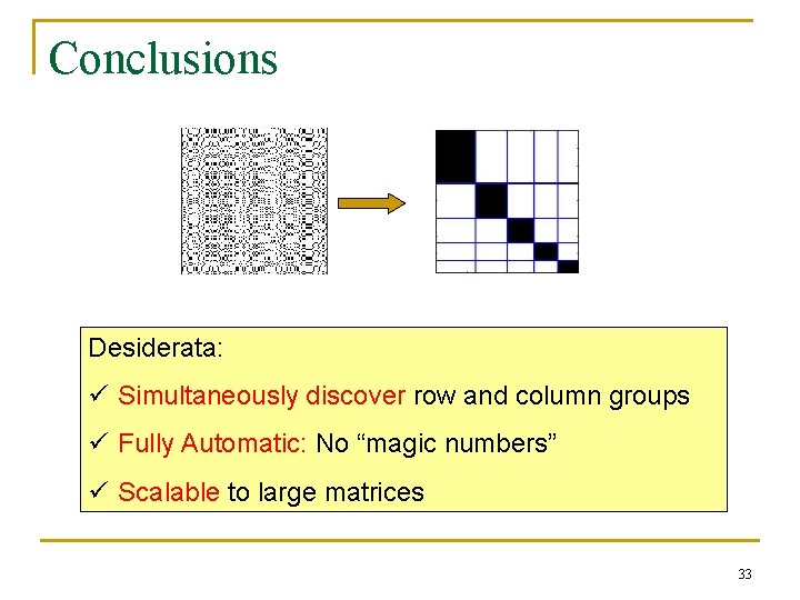 Conclusions Desiderata: ü Simultaneously discover row and column groups ü Fully Automatic: No “magic