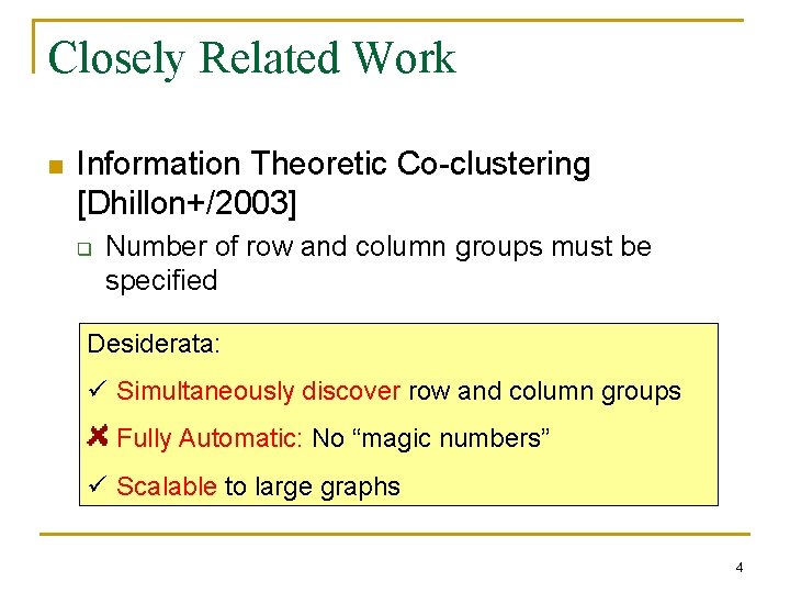Closely Related Work n Information Theoretic Co-clustering [Dhillon+/2003] q Number of row and column