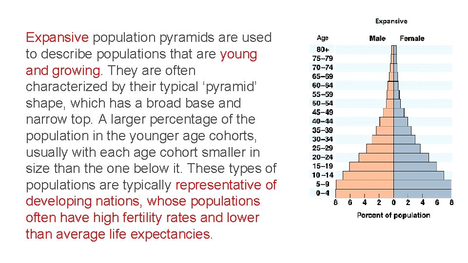 Expansive population pyramids are used to describe populations that are young and growing. They