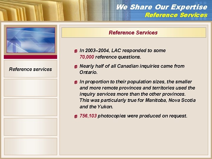 We Share Our Expertise Reference Services Reference services 4 In 2003– 2004, LAC responded