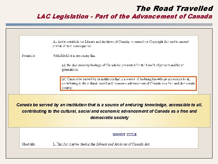 The Road Travelled LAC Legislation - Part of the Advancement of Canada be served