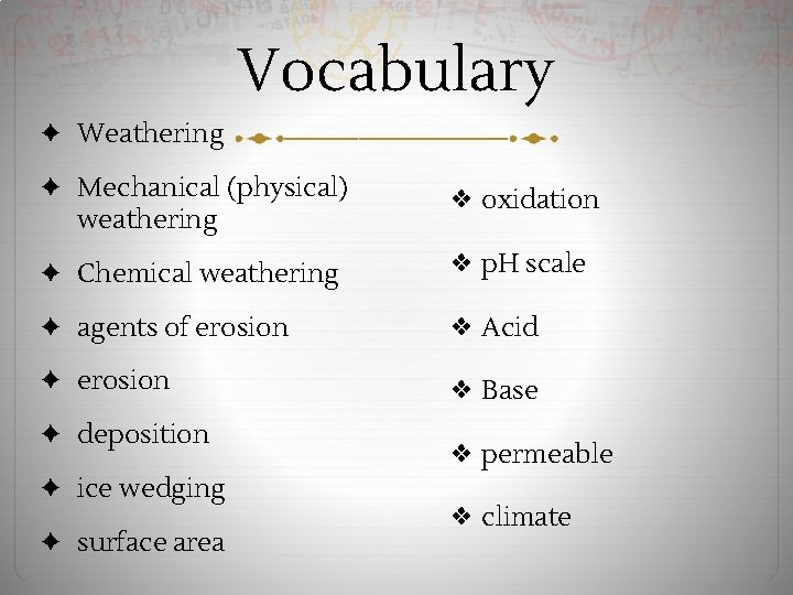 Vocabulary ✦ Weathering ✦ Mechanical (physical) weathering ❖ oxidation ✦ Chemical weathering ❖ p.