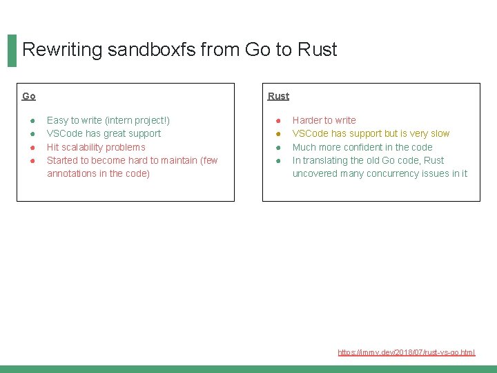 Rewriting sandboxfs from Go to Rust Go ● ● Rust Easy to write (intern