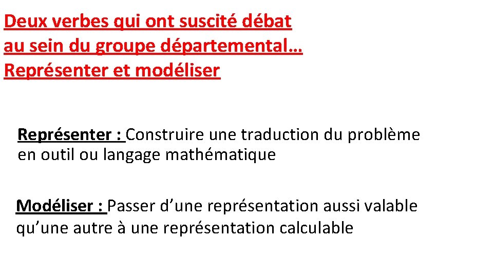 Deux verbes qui ont suscité débat au sein du groupe départemental… Représenter et modéliser