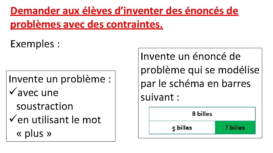 Demander aux élèves d’inventer des énoncés de problèmes avec des contraintes. Exemples : Invente