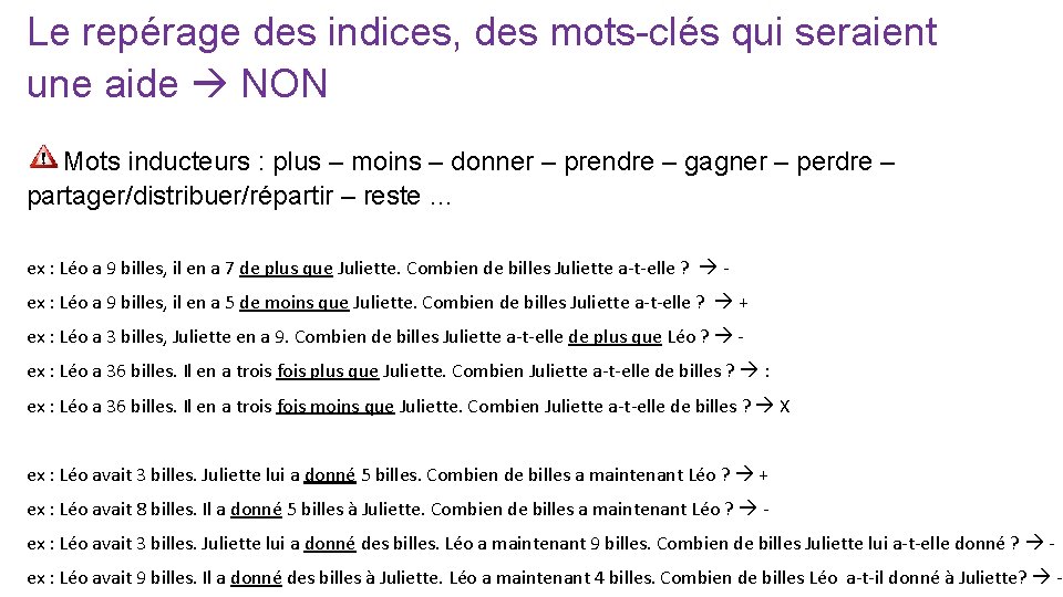 Le repérage des indices, des mots-clés qui seraient une aide NON Mots inducteurs :