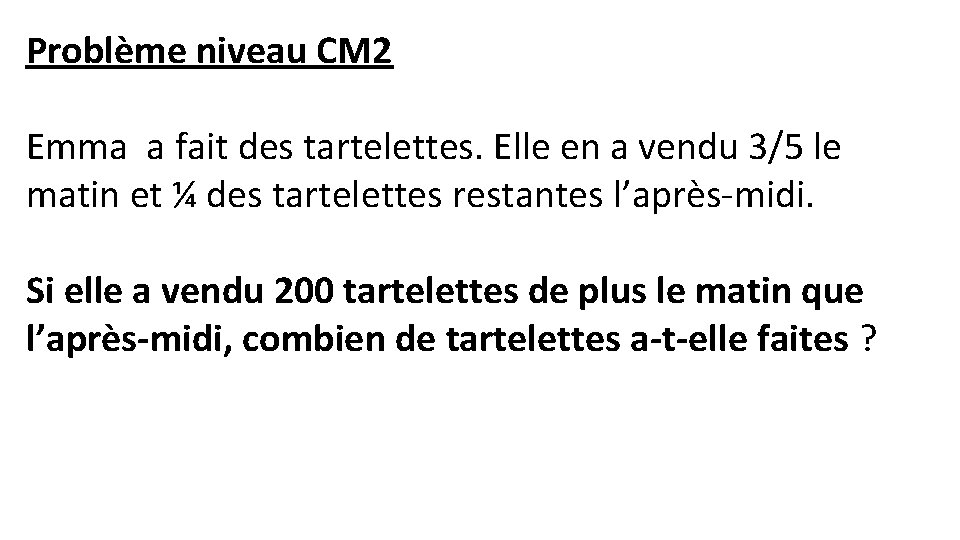 Problème niveau CM 2 Emma a fait des tartelettes. Elle en a vendu 3/5
